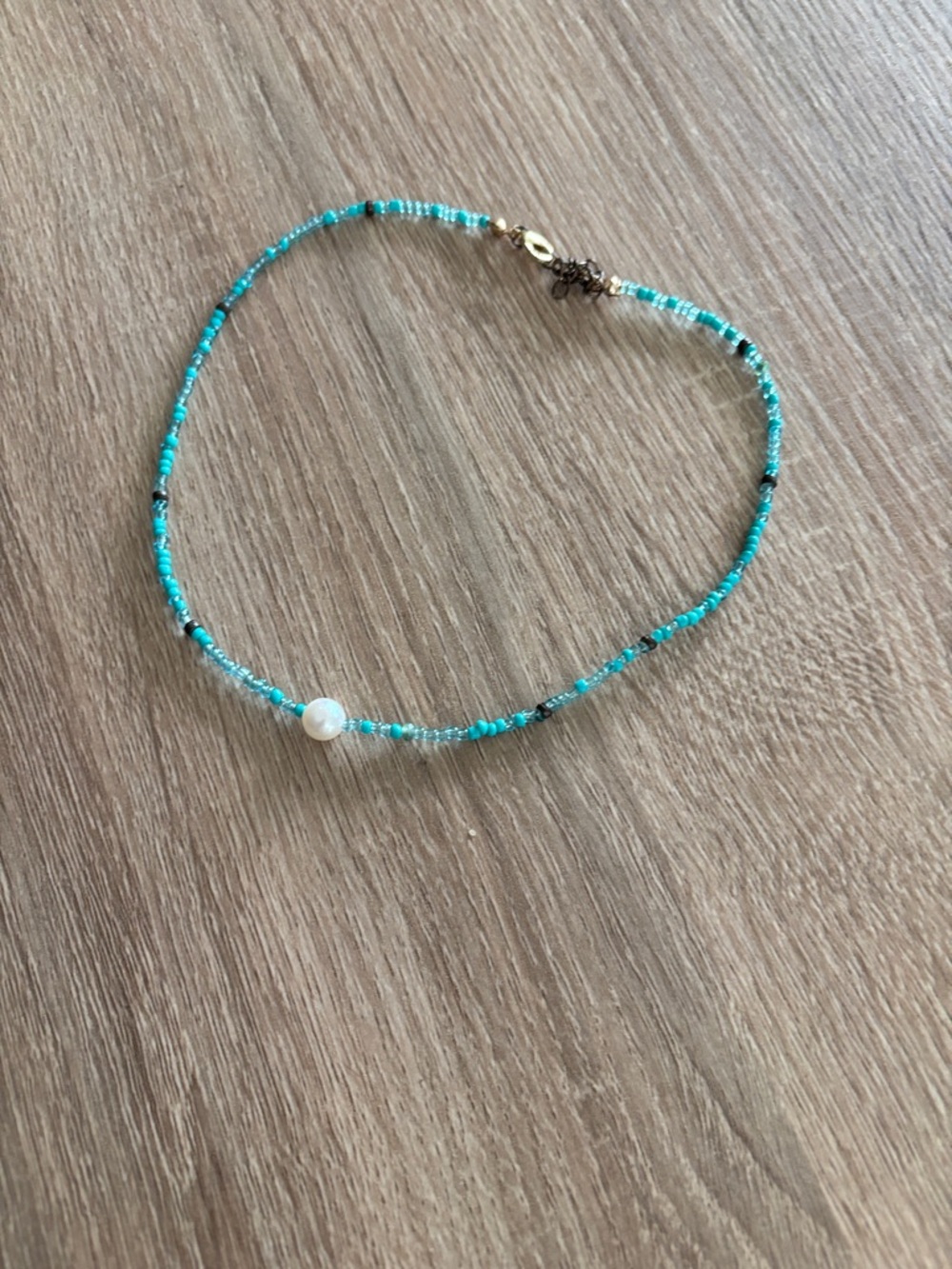 Turquoise Seed Bead Necklace with Pearl Accent